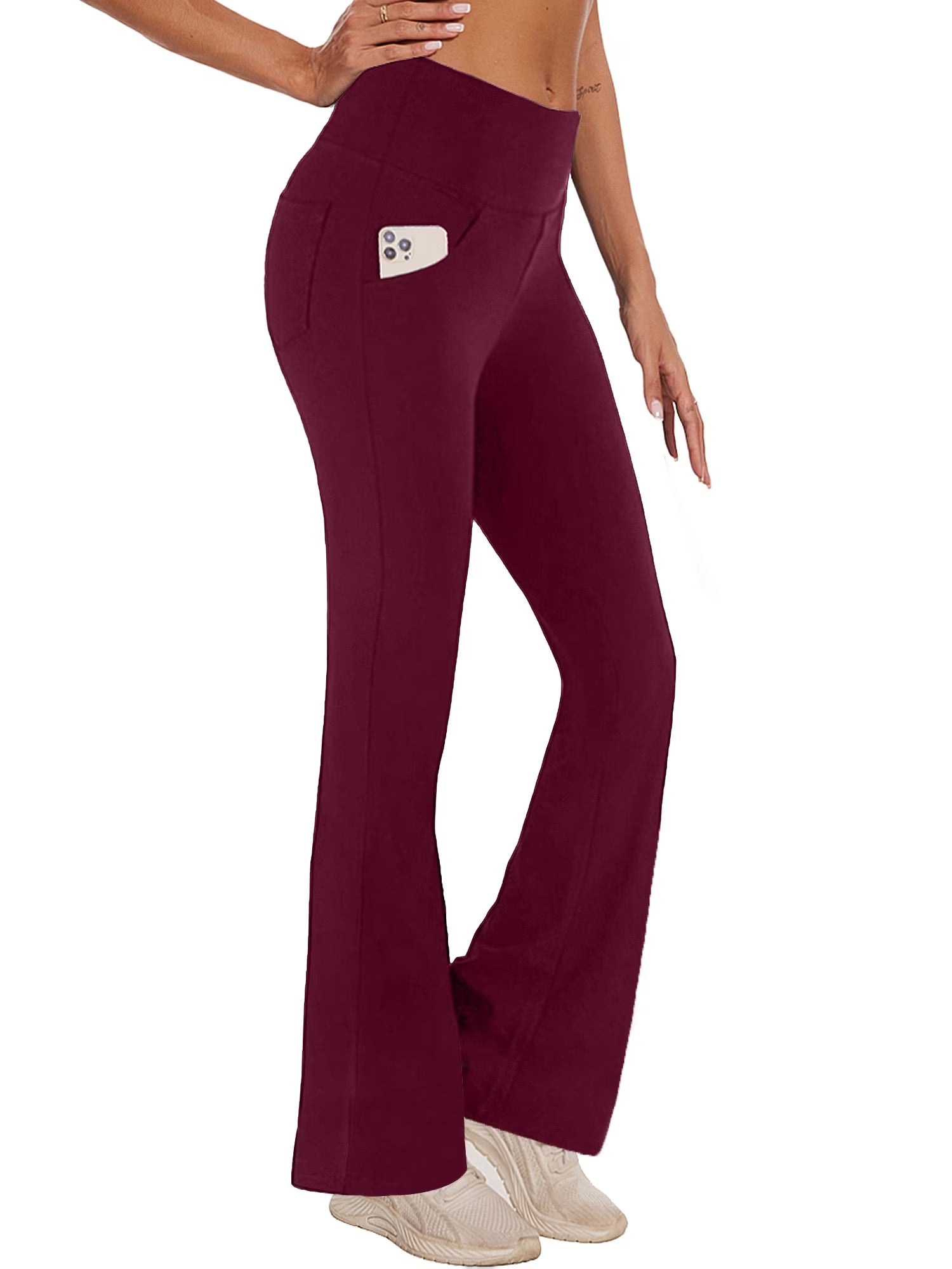 Womens Bootcut Yoga Pants with Pockets Flare Workout Legging High Waist Lightweight Bottoms Activewear Dark Red L