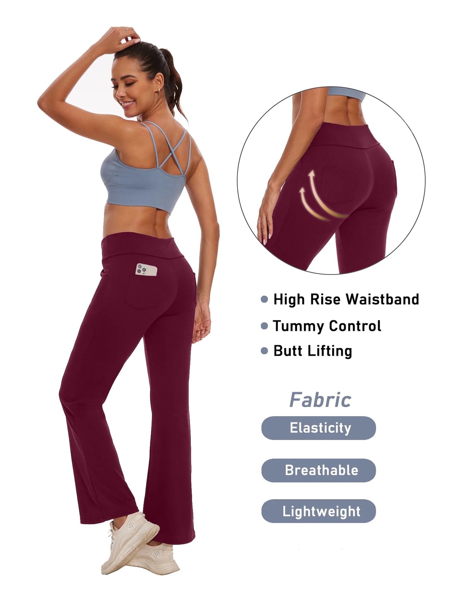 Womens Bootcut Yoga Pants with Pockets Flare Workout Legging High Waist Lightweight Bottoms Activewear Dark Red L