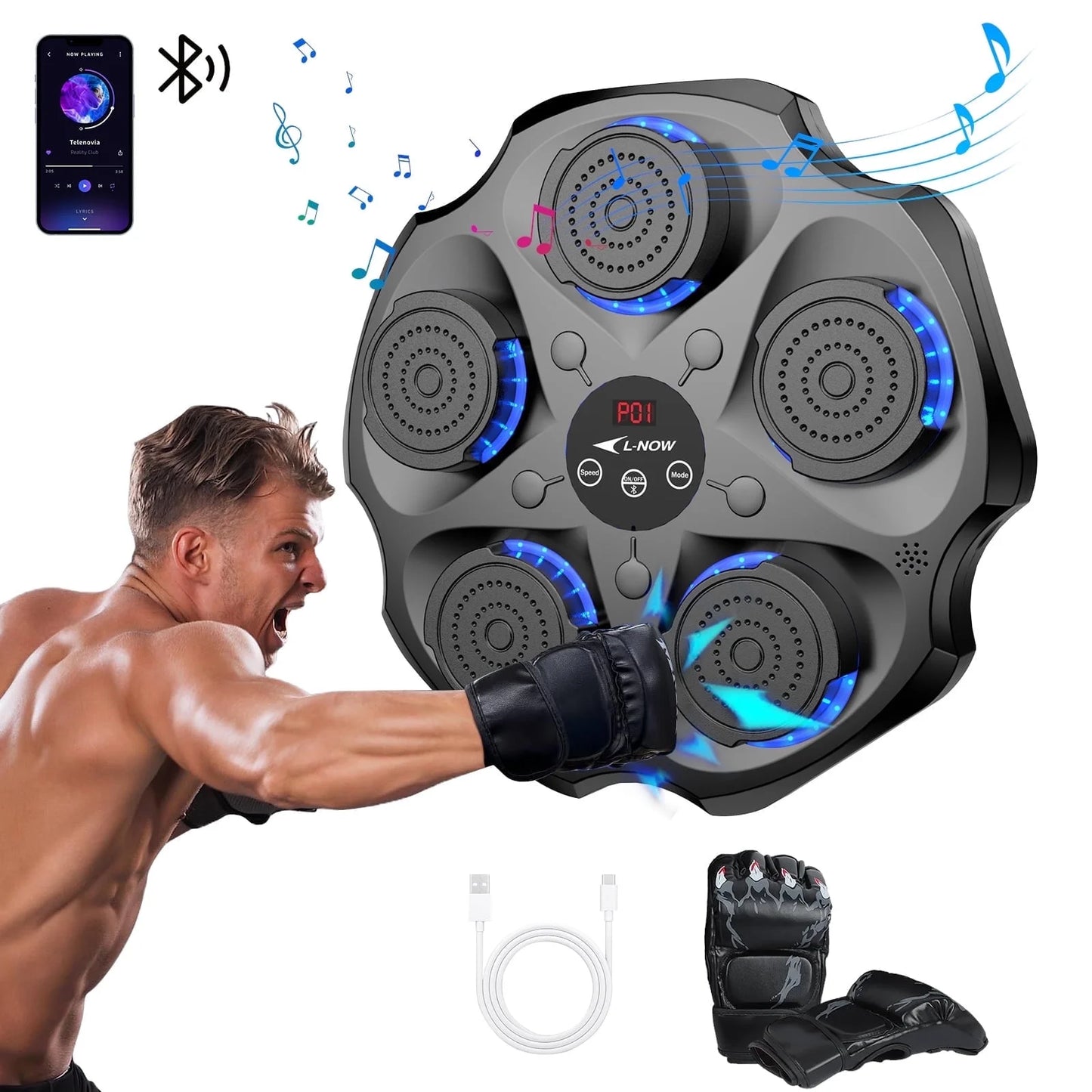 Music Boxing Machine with Boxing Gloves, Wall Mounted Smart Bluetooth Music Boxing Trainer, Electronic Boxing Target Workout Punching Equipment for Home, Indoor and Gym