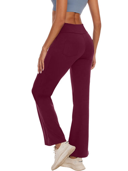 Womens Bootcut Yoga Pants with Pockets Flare Workout Legging High Waist Lightweight Bottoms Activewear Dark Red L